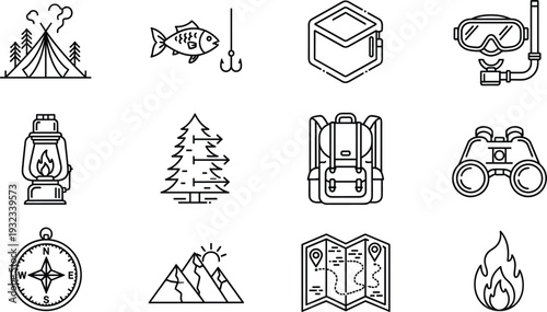 Camping and outdoor adventure line icons set with hiking fishing travel equipment vector illustration collection