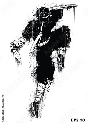 Ninja Assassin Vector Illustration. High-Contrast Black Silhouette of a Shinobi Warrior in Mid-Air Action with Katana and Kunai