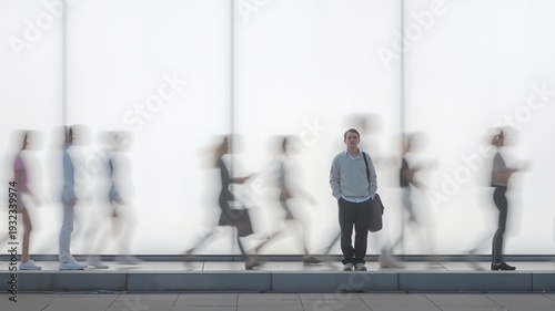 Young man standing still while blurred people walk past on a bright background