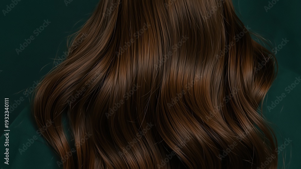 Fototapeta premium Long wavy brown hair with shine against a dark green background