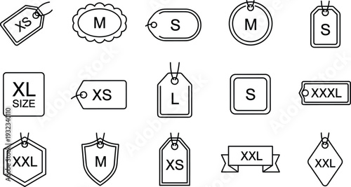 Clothing size label tags set with XS S M L XL XXL symbols vector illustration collection