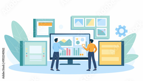 Two business professionals analyzing data on a large screen display