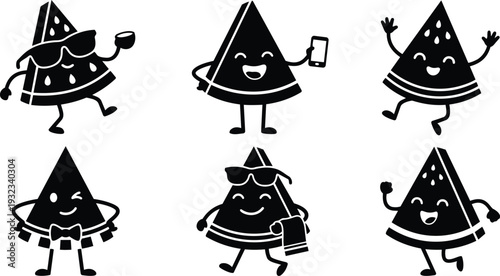 Playful vector watermelon slice characters smiling and dancing wearing sunglasses holding phone towel and bowtie close up flat black icon set front view three quarter poses