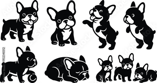Minimalist vector art close up french bulldog puppy set showing sitting standing jumping sleeping and playful poses front facing looking at viewer black and white adorable
