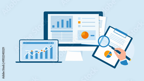 Business data analysis on modern devices with magnifying glass