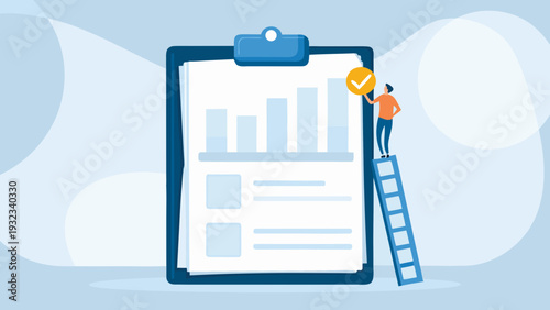 Person on ladder marking checklist with a checkmark