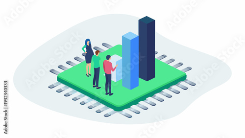 Business team analyzing data on microchip platform