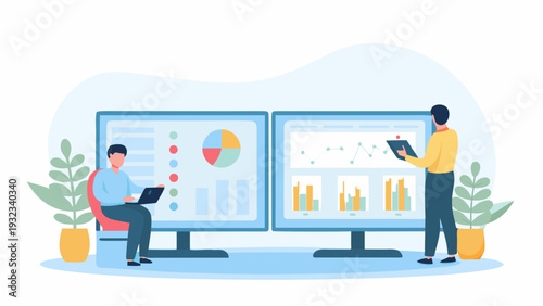 Business professionals analyzing data on computer screens