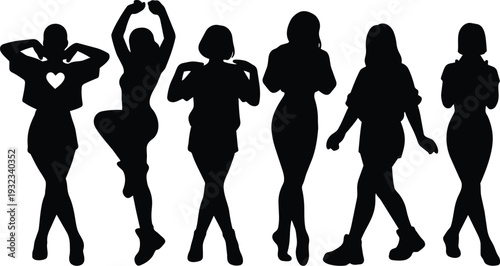 Minimalist vector silhouettes of six women in varied poses side view wearing casual clothing with heart cutout one figure jumping playful high contrast black on white