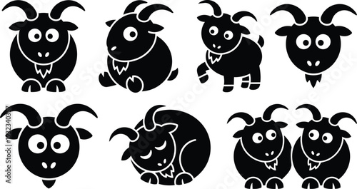 Playful flat design goat icon set showing multiple round goats in different poses close up front view sleeping standing pair black silhouette vector scalable simple friendly