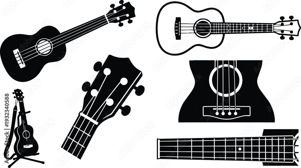 Fototapeta premium Flat vector ukulele close up headstock and full body multiple silhouettes on white background with angled top view strap and fretboard detail minimalist black low contrast