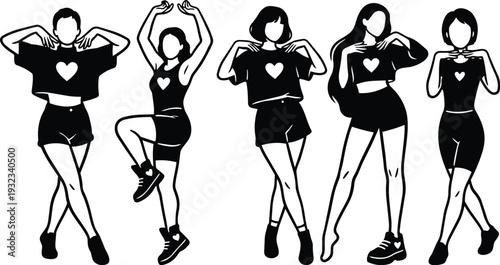 Minimalist vector art five female dancers in heart shirts striking varied poses one leg raised close up cropped legs sneakers casual summer street style bold silhouette