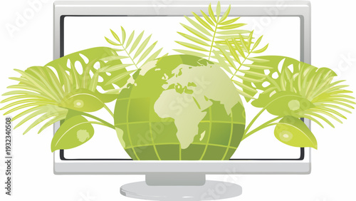 Eco friendly digital globe on modern computer screen with lush green leaves