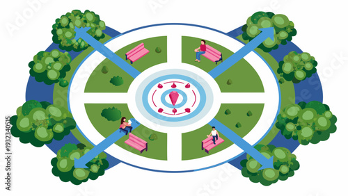 People relaxing in modern park with walking paths and green spaces