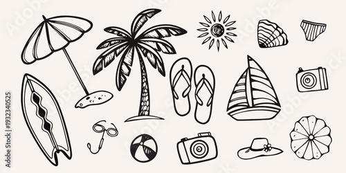 Black and white summer doodles featuring beach essentials and tropical motifs