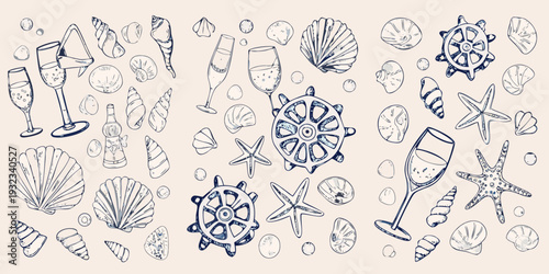 Sketch of seashells wine glasses ship wheels and starfish on beige