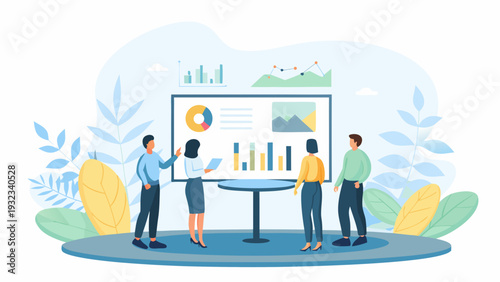 Business team analyzing data on screen in modern office setting