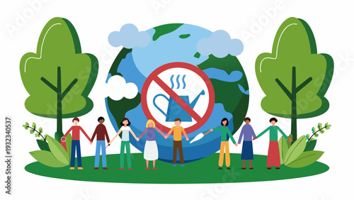 People join hands around Earth with a no watering can symbol