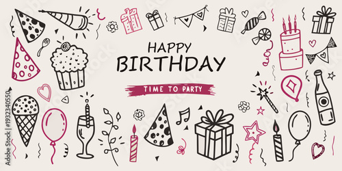 Hand drawn birthday doodles including cake gifts and party decorations