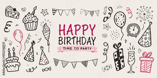 Colorful hand drawn birthday doodles and illustrations with celebratory text