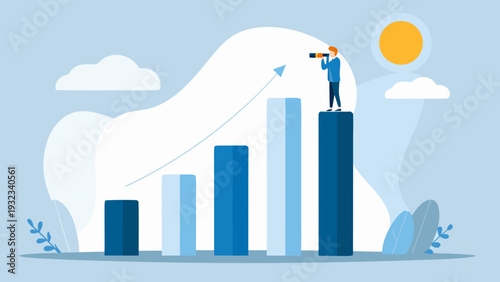 Businessman looking through telescope on top of growing bar chart