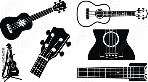 Flat vector ukulele close up headstock and full body multiple silhouettes on white background with angled top view strap and fretboard detail minimalist black low contrast