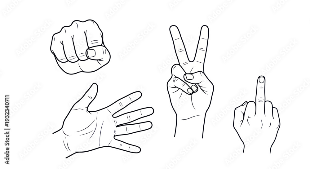 Fototapeta premium Rock Paper Scissors Hand Gestures Collection - Fist, Open Palm, Victory Sign, Middle Finger