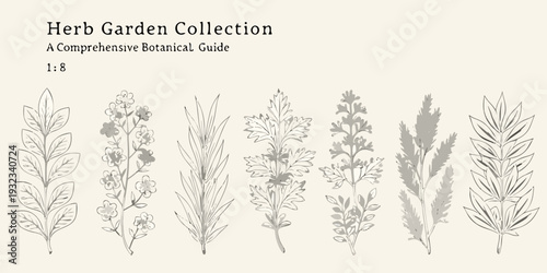 Herb garden collection botanical illustrations of various plant species