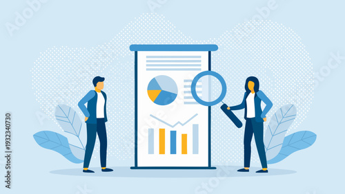Business team analyzing data on large chart with magnifying glass