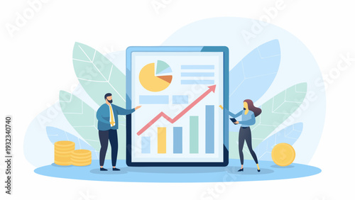 Business professionals analyzing financial data on large smartphone screen