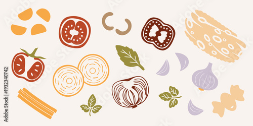 A colorful arrangement of illustrated tomato and pasta ingredients