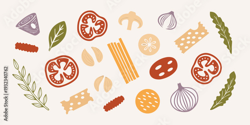 Colorful illustration of various vegetables pasta and herbs arranged randomly