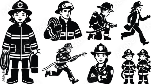 Flat design close up female firefighter holding hose and carrying extinguisher with helmet badge kneeling and running group icons in black and white silhouette landscape orientation