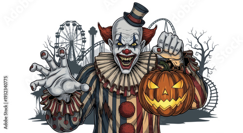 Scary Clown with Jack-o'-lantern and Carnival Background - Halloween Horror