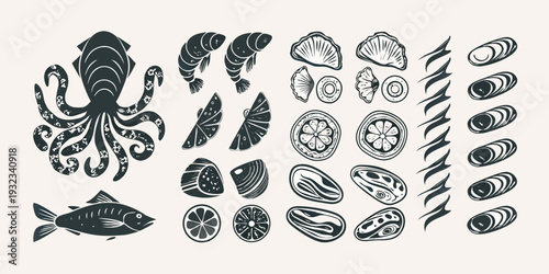 Hand drawn illustration of various seafood and citrus fruit slices