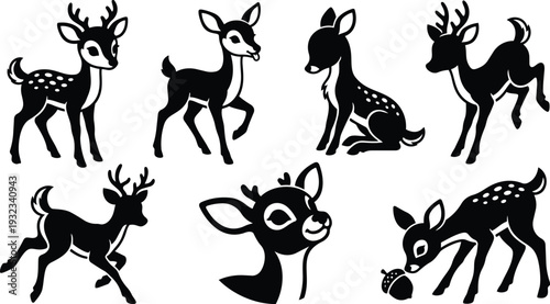 Cute black silhouette fawn set showing multiple poses close up profile sitting standing running grazing sniffing acorn playful forest themed vector art isolated on white background
