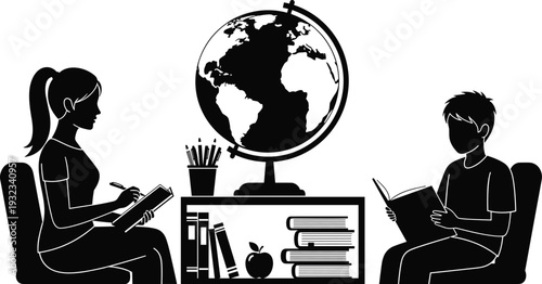 Black and white silhouette illustration of students reading and writing at desk with globe, books, pencils, and apple symbolizing education