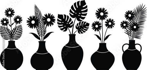 Five vase silhouettes with diverse floral arrangements, detailed vector illustration highlighting daisy flowers, tropical leaves, palm fronds, botanical design, decorative art, and nature concept
