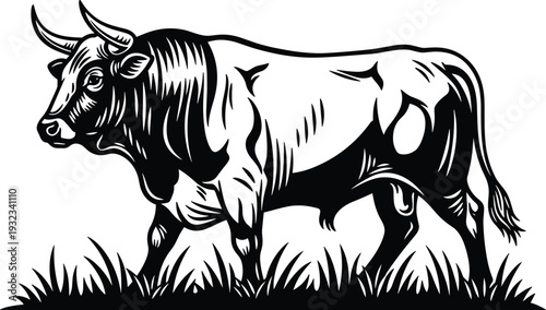 Black and white stylized bull standing on grass illustration emphasizing strength, power, determination, rural nature, and agricultural symbolism