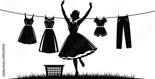 Black and white silhouette illustration of woman hanging laundry on clothesline outdoors, domestic life artwork with vintage retro aesthetic