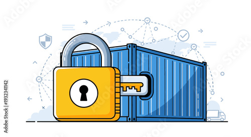 Illustration of a yellow padlock with a key inserted, next to a blue shipping container on a white background with various icons.