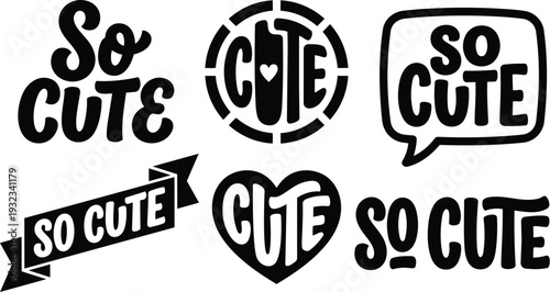 Black typographic badge set six hand lettered so cute logos in varied speech bubble heart ribbon and circular stamps flat vector art close up bold isolated