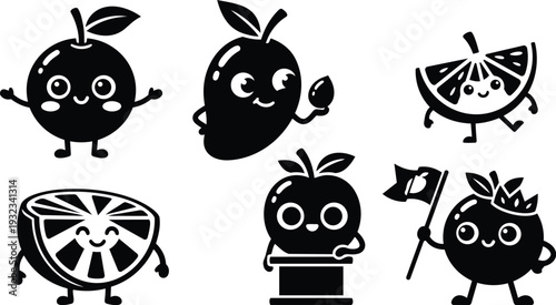 Cute flat design fruit characters set close up smiling orange apple mango lemon holding flag and slice playful poses simple black silhouette vector art studio arrangement