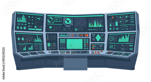 Digital control panel with multiple screens and buttons on a white background, featuring various graphs and a central display.