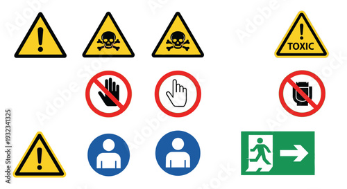 Collection of various warning and prohibition signs on a white background, including hazard symbols and directional indicators.