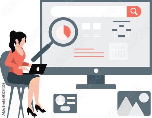 The girl is searching pie chart on monitor.