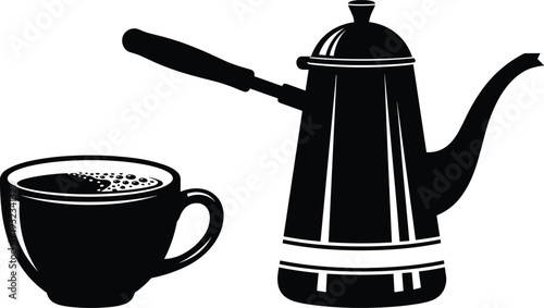 Black silhouette coffee cup with foam and gooseneck kettle pot isolated on white background for cafe and beverage design concepts