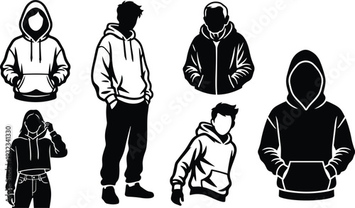 Monochrome vector art hooded figures in various poses standing with hands in pockets cropped female and male silhouettes hoodie front and side views flat design mockup