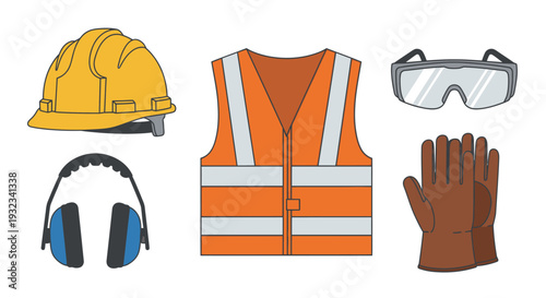 Flat lay of personal protective equipment including a hard hat, safety vest, gloves, goggles, and ear protectors on a white background.