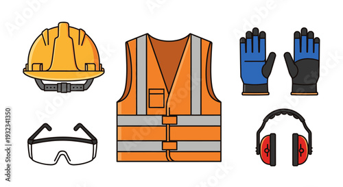 Flat lay of various personal protective equipment including a hard hat, safety vest, gloves, goggles, and ear protectors on a white background.